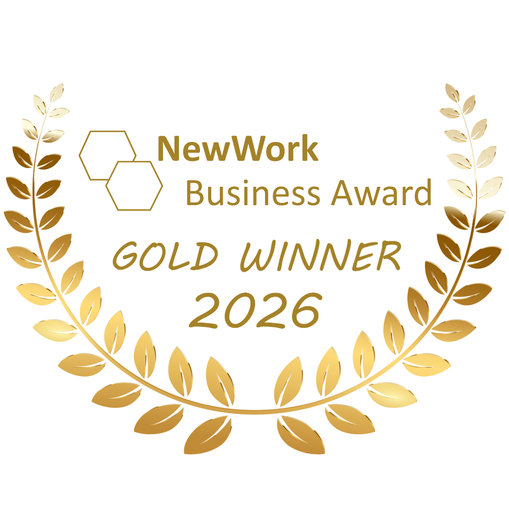 NewWork Business Award Gold 2026 Der NewWork Business Award in Gold für das Jahr 2026 ist präsentiert. Umgeben von einem goldenen Lorbeerkranz hebt die Auszeichnung die Errungenschaften im Bereich der Unternehmensführung hervor.